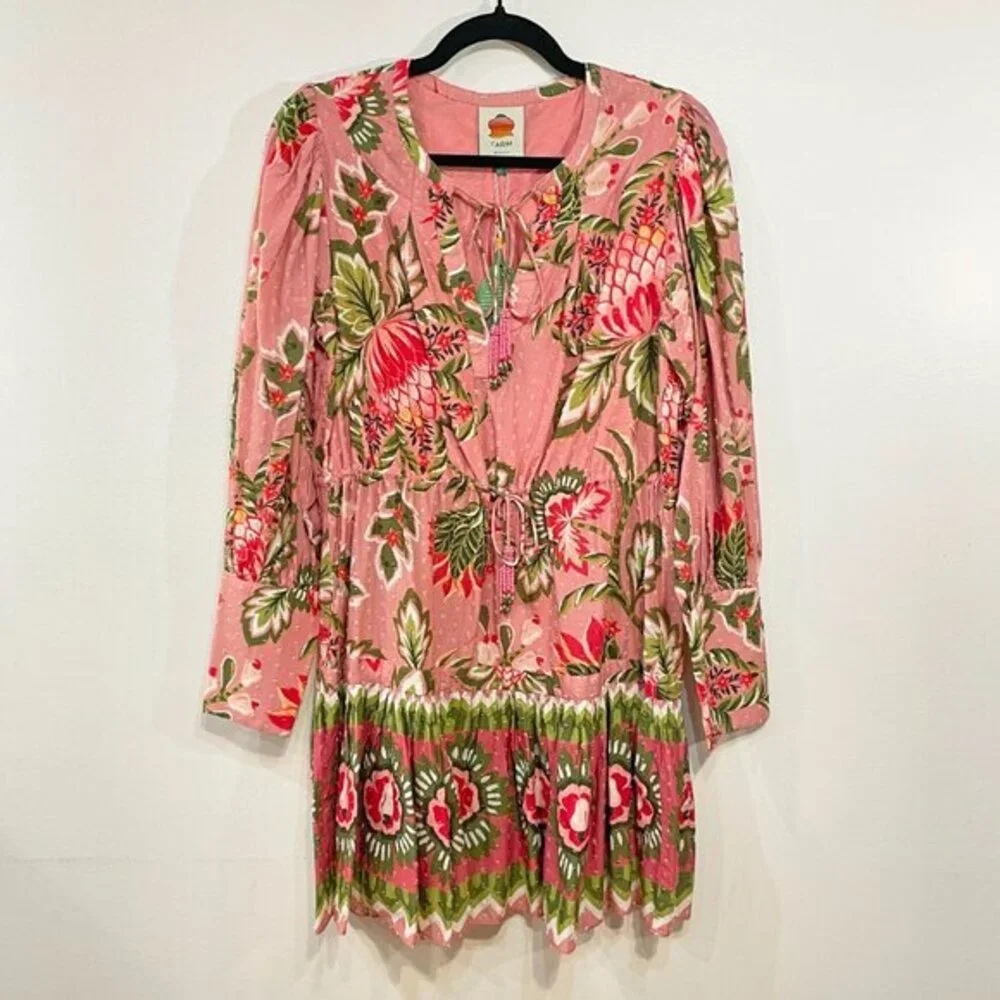 New Farm Rio Aura 100% Cotton Floral Peasant Mini Dress Pink Small - Picture 2 of 9
